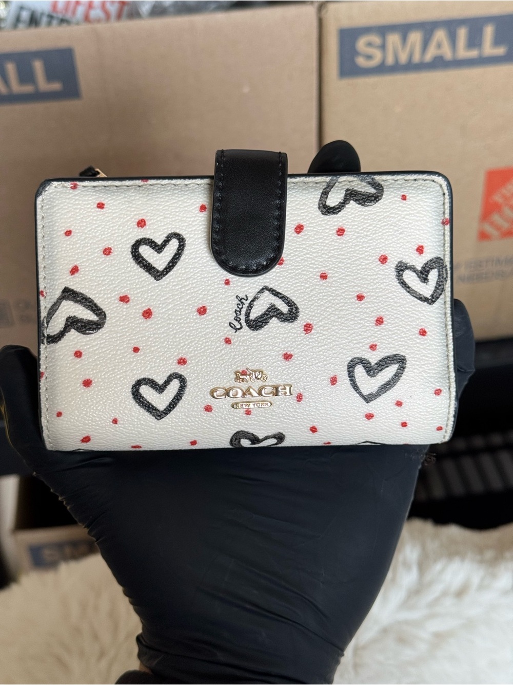 Coach White Heart Print Leather Wallet with Black Trim and Red Accents